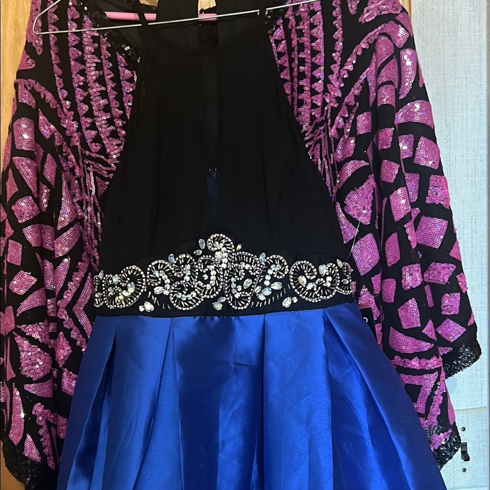Black and Blue Embellished Dress with Pink Sequin Jacket